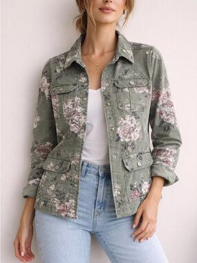 Kensie Floral Utility Jacket Olive Green Size M Cargo Military Spring Jacket